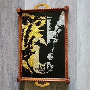 Vintage Reverse Glass Tinsel Art  Deer Silhouette Deco Design  Wood Frame Tray